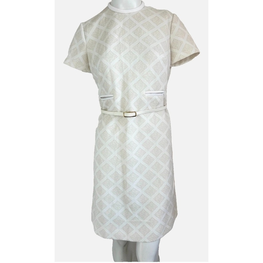 VTG 60s Kay Windsor Mod Shift Dress White Diamond Knit ILGWU Belted M AS IS READ